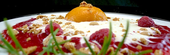 Rosmarin Sauercreme mit Würz-Pfirsich als Spiegelei an Himbeerpüree