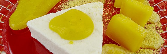 Kokos Panna Cotta an Mangopüree mit Curryzucker