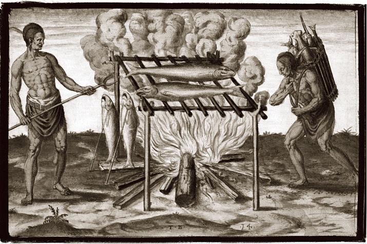 Kupferstich von Theodore de Bry. Um 1590. Ein Barbacoa der Ureinwohner Amerikas (Hispaniolas)