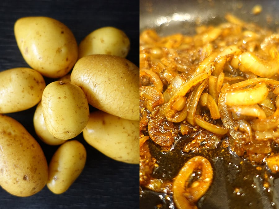 Kartoffelsalat mit karamellisierten Zwiebeln passt prächtig zu den BBQ-Rippchen