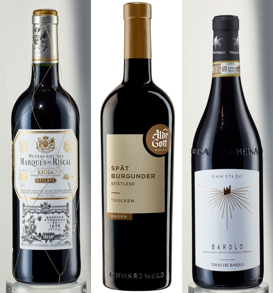Von links nach rechts: Spanischer Rioja, Marqués de Riscal Reserva. Deutschland/Baden: Alde Gott, Spätburgunder (Spätlese). Italien: Piemont, Terre del Barolo
