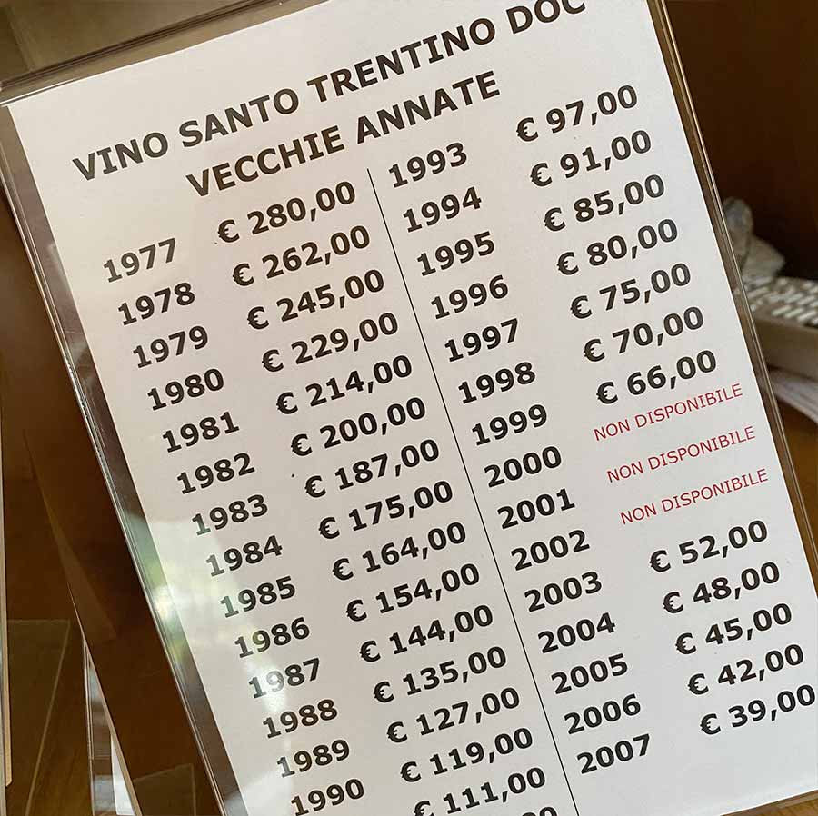 Preisliste für die Vino Santo Jahrgänge bei Pisoni